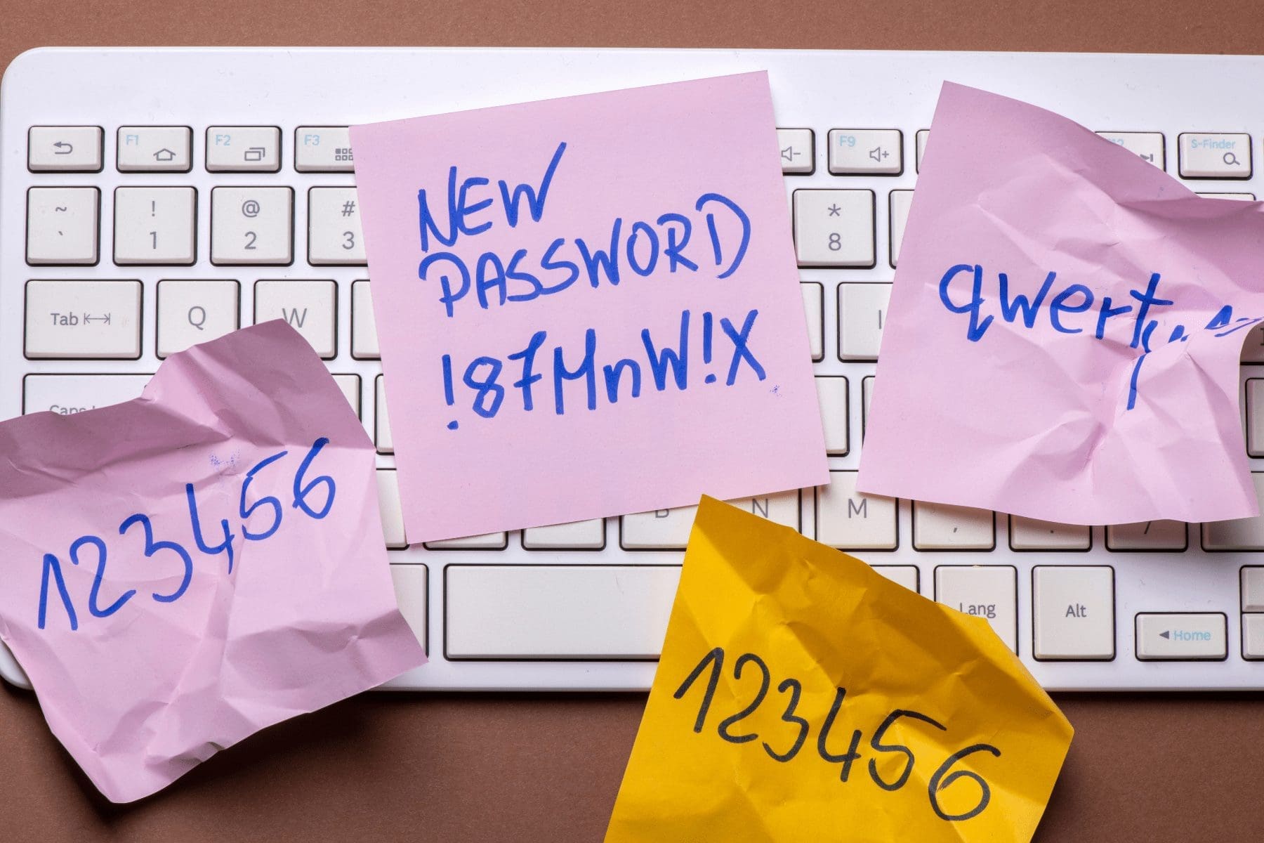 post its of some common passwords on a keyboard that could lead to a password attack